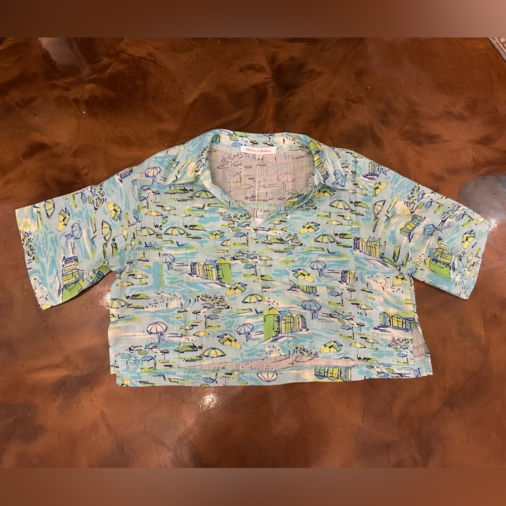 MEET ME IN SANTORINI - Teal Beach Printed Collared Crop Top NWT